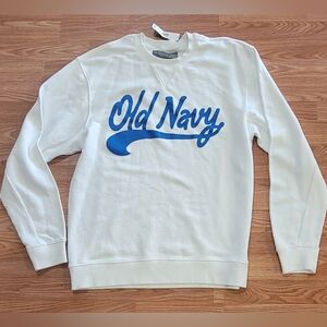 Old Navy Men's Crewneck Sweater in White with Blue Logo